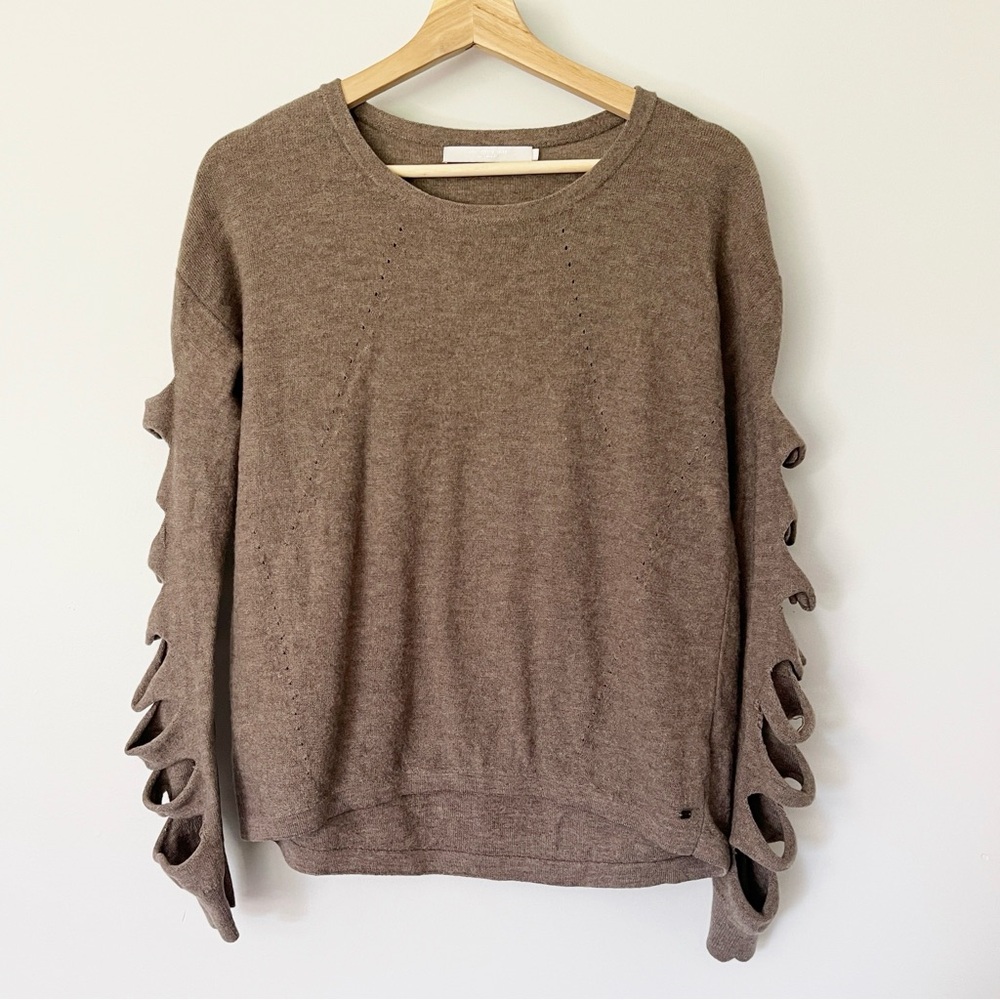 One Grey Day Sweater Size M Round Neck Long Sleeves Cut-Outs‎ Brown Taupe Wool